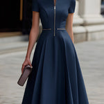 Zip-Front Short Sleeve Fit & Flare Midi Dress