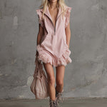 Elegant Retro Sporty V-neck Front Zipper Sleeveless Lace Trim Pink Cotton Mini Dress
