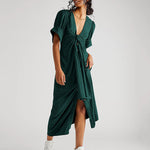 V Neck Short Sleeve Button Down Blouse Dress Tie Casual Long Maxi Dresses