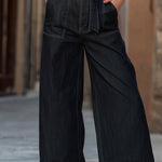Deep V-Neck Belted Denim Wide-Leg Jumpsuit