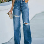 High Rise Long Ripped Wide-leg Denim Jeans
