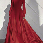 A-Line High Waisted Pleated Solid Color Zipper Mock Neck Maxi Dresses