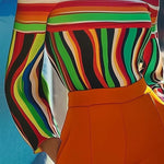 Long Sleeves Loose Contrast Color Striped Halter-Neck T-Shirts Tops