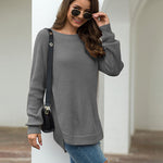 Nadorine Crew Neck Long Sleeve Slit Pullover Knit Sweater