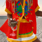 Cancer Print Loose Buttoned Elastic Waist Shorts Set