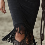 Western-style Retro Floral Embroidered Tassel Black Faux Suede Sleeveless Midi Dress