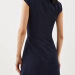 Military Style Cap Sleeve High Neck Patchwork Pleated Hem Mini Dress