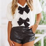 V Neck Short Sleeves Bow Knot Knit Top