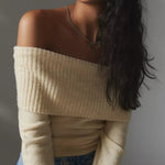 Nadorine Chic Off Shoulder Sweater Solid Basic Sexy Slim Fit Crop Top