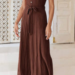 Sleeveless Spaghetti Strap V-Neck Gathered Wide-Leg Jumpsuit