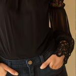 Elegant High Neck Black Chiffon Lace Cold-Shoulder Blouse
