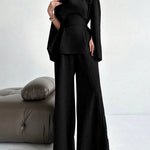 Long Sleeves Solid Color Split-Joint Tied Waist V-Neck Blouses&Shirts Tops