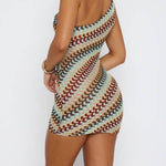 Playful Colorful Knitted Slim-fitting Offset Neck Stretch Mini Dress