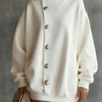 Long Sleeves Loose Buttoned Solid Color Split-Joint High Neck Mini Dresses Sweatershirt