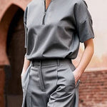 Loose Short Sleeves Solid Color Zipper V-Neck Blouses&Shirts Tops