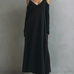 Women's Elegant Black Stretchy Knit Long-sleeved Maxi Dress With Spaghetti Straps