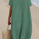 Loose Short Sleeved Solid V-Neck Dress