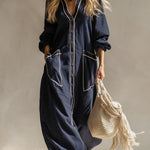 Elegant Urban-style Navy Blue Cotton And Linen Maxi Dress
