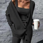Women Three Pices Set Knitted Solid Cardigan Tops Tank Top and Casual Loose Long Pants