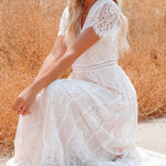 V-Neck Half Sleeves Lace Bohemian Floor Length Dress