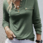 Ribbed Snap Button Henley Long Sleeve Top