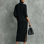 Women's Elegant Black Knitted Turtleneck Long-sleeved Loose-fitting Maxi Dress With No Pockets