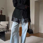 Solid Color Lace Panel Long Sleeve Button Elegant Blazer