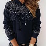 Women's Rhinestone Drawstring Hooded Sweatshirt Casual Sparkly Loose Fit Pullover