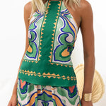 Oh So Chic Satin Ethnic Abstract Print Adjustable Tie Tank Top