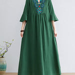 Loose Embroidered Floral Cotton Linen V-Neck 3/4 Sleeve Dress