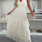 Romantic Movie Tulle Ruched Tiered Hem Slip Maxi Dress