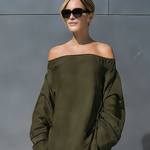 Women's Elegant Olive Green Cotton-linen Blend Off-the-shoulder Long-sleeved Maxi Dress