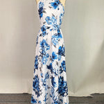 A-Line High Waisted Contrast Color Flower Print Pleated Halter-Neck Maxi Dresses