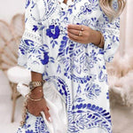 V-neck printed lace stitching bohemian casual holiday dress
