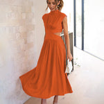 Stand Collar Solid Color Hollow Waist Long Dress