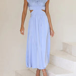Cap Sleeve Belly-Hollow Pleated Solid Color Stand Collar Maxi Dresses