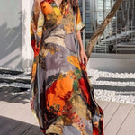 Batwing Sleeves Loose Gauze Printed Split-Joint V-Neck Maxi Dresses