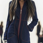 Long Sleeves Wide Leg Zipper Stand Collar Jumpsuits