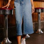 Sky Blue 4 Patch Pockets Front Slit Midi Denim Skirt