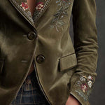 Olive Green Velvet Blazer With Intricate Floral Embroidery