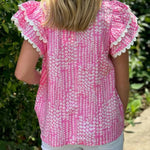 Pink Abstract Print Ric Rac Trim Flutter Sleeve Notch V Neck Blouse