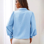 Nadorine V Neck Crinkle Crepe Lantern Sleeves Shirt Top Button-Down Loose Blouse