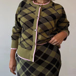 Holiday Plaid Knit Color-blocked Trim Button Long-sleeved Loose Cardigan