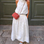 Two Piece Outfits Hollow out Embroidery Hanging Neck Top+High Waist Skirt Sets