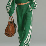 Fashion Casual White Decorative Green Half-zip Top Wide-leg Pants Knitted Set
