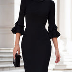 Black Cowl Neck Midi Dress With Double Ruffle Sleeves