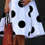 A-Line Short Sleeves Pleated Polka-Dot Printed Split-Joint Round-Neck Midi Dresses