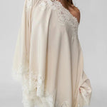 Like A Swan Lace Trim Off Shoulder Cape Top and Elastic Waist Draped Maxi Skirt Set
