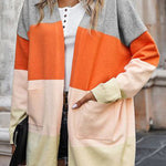Contrasting rainbow paneled striped long cardigan sweater with pockets