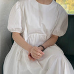 Original Loose Solid Color Pleated Puff Sleeves Midi Dress